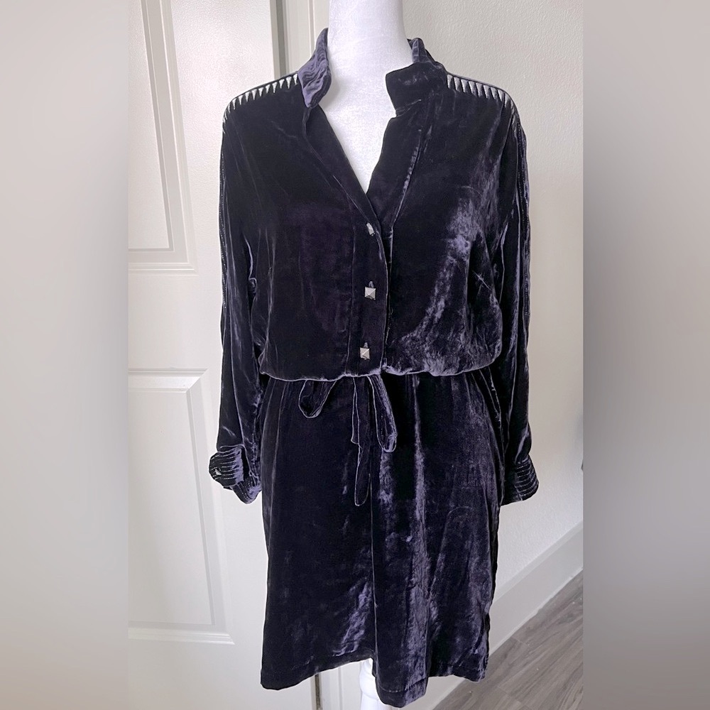 Zadig & Voltaire dark Purple velvet Long Sleeve Dress with Tie Waist